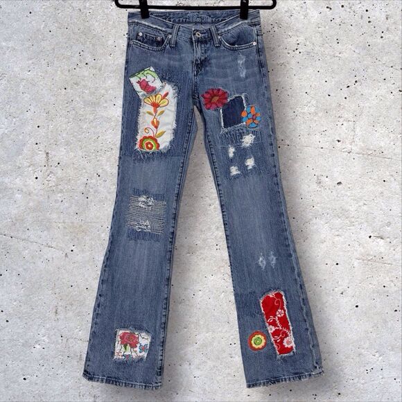 Vintage Miss Me Bohemian Embroidered Flower Patch Flare Jeans Womens 27x33 Blue - Picture 2 of 12